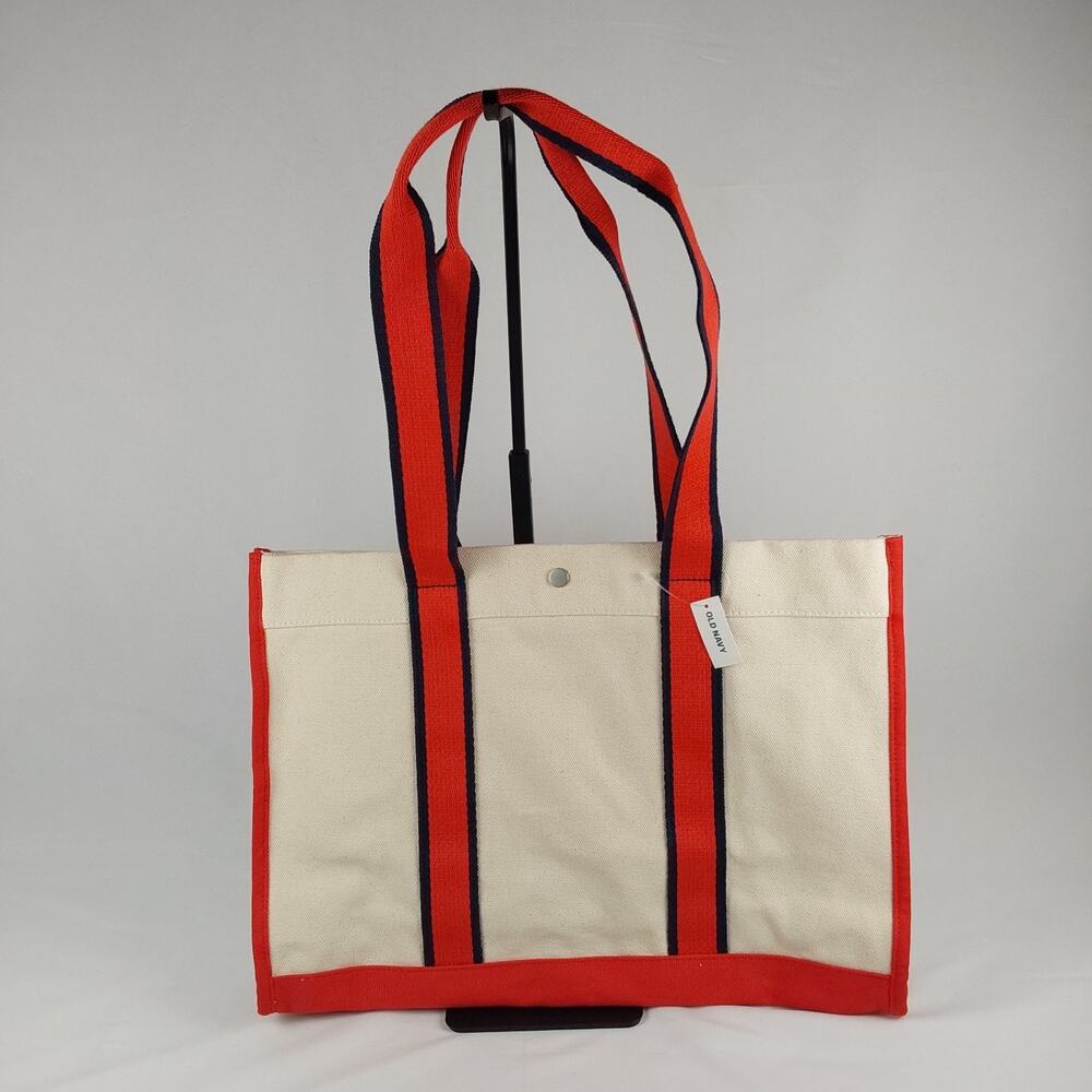 Old Navy Canvas Tote Bag Cream Red Navy Stripe Shopper Beach Travel NWT